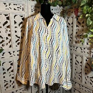 ASHLEY STEWART AWESOME WHITE & MULTICOLOR GEOMETRIC DESIGN LONG SLEEVE PLUS TOP